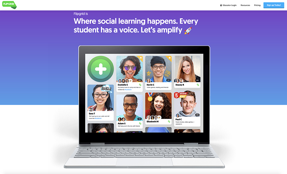 Flip website on a laptop screen. 'Where social learning happens. Every student has a voice. Let's amplify.'