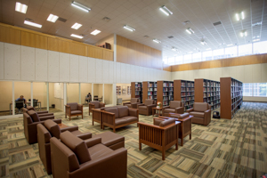 Seating and stacks of the library.