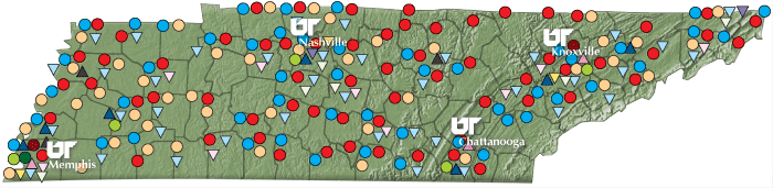 tennessee state image with uthsc locations denoted