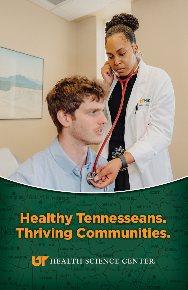 UTHSC Vision poster with graphic of doctor listening to patient's lungs.