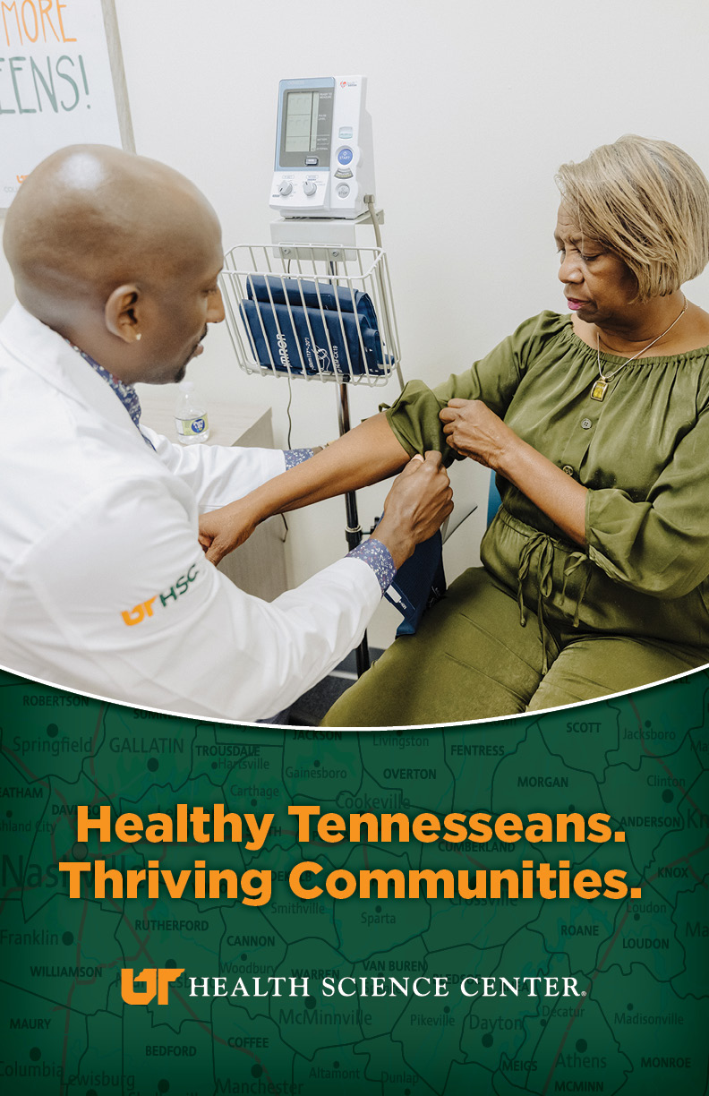 UTHSC Vision poster with doctor out in the community taking a patients blood pressure.