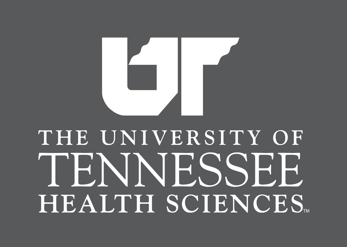 UTHS legacy centered logo reversed using white for dark background.