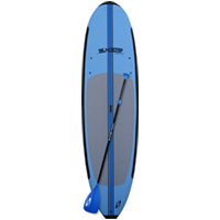 Blue and gray Surf Tech Blacktip SUP with paddle, top view.