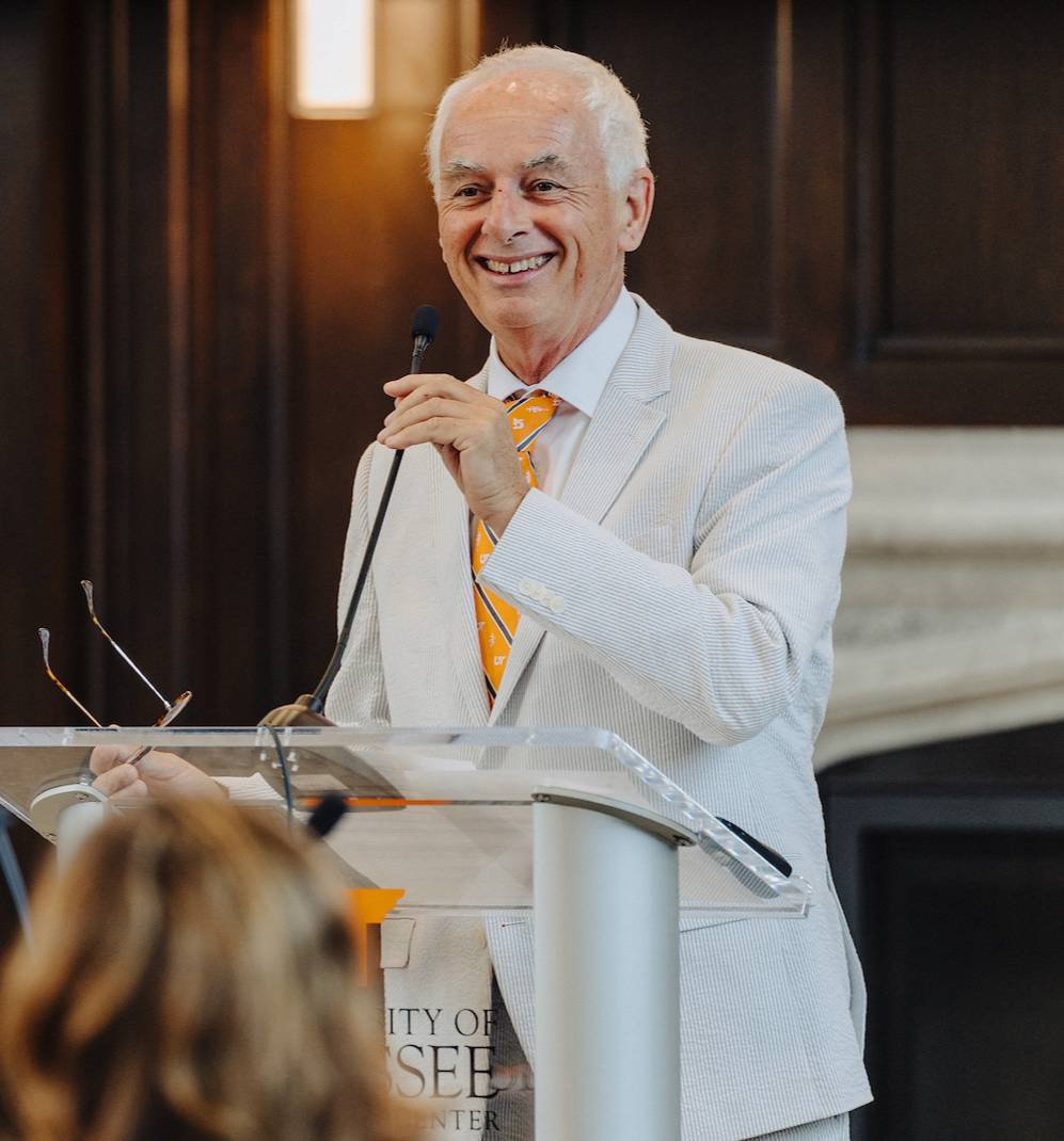 Chancellor Buckley speaking in front of an audience.