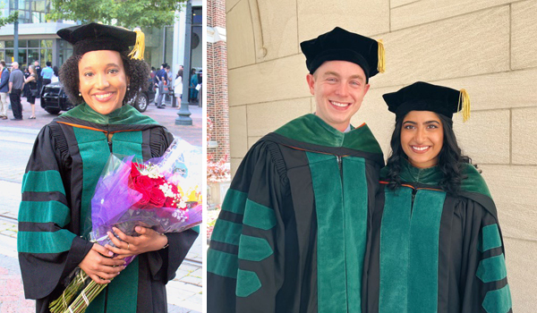 Collage of three medical graduates in graduation gowns at the 2022 commencement ceremonies.