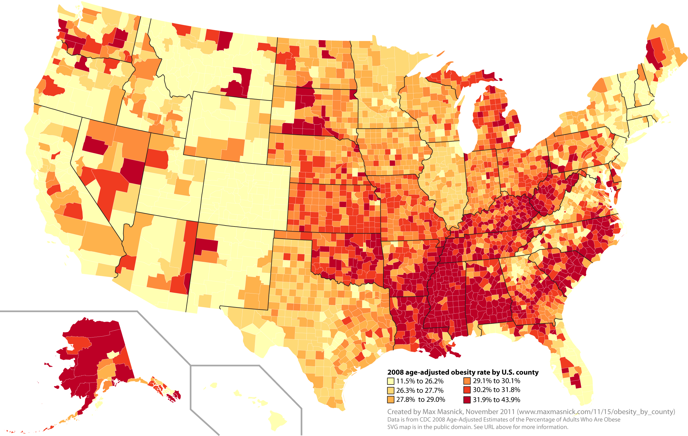 CDC heat map of overweight and obese popuations in the US with high density in southeast - especially in the midsouth. 