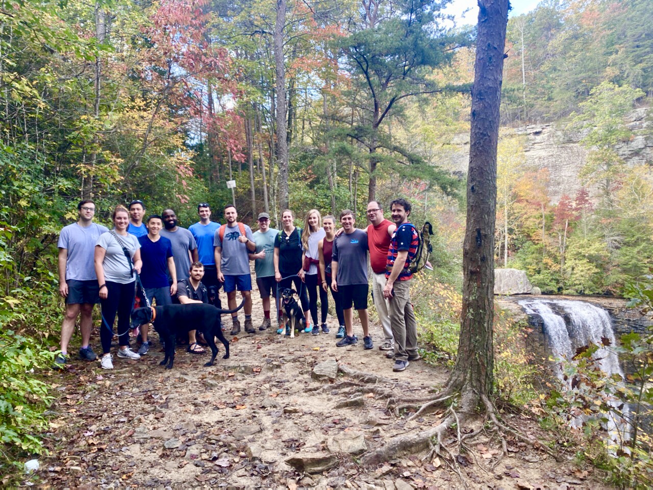 EM group out hiking in the forest near a waterfall.