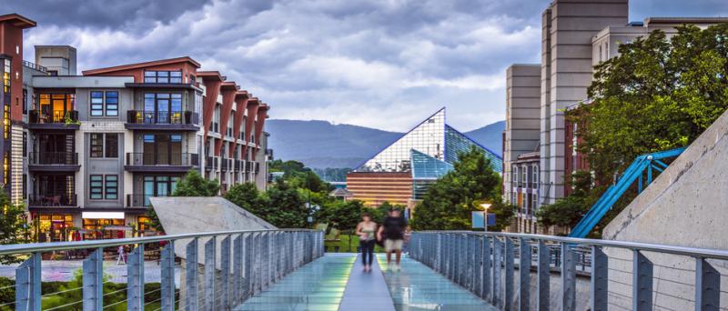 Chattanooga's glass bridge going to the Bluffview Art District with mountains in the background