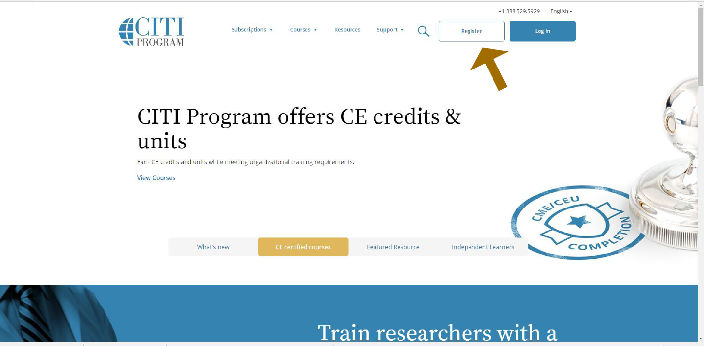 Screenshot of CITI Program site with an arrow pointing to the Register button in the top right corner of the page.
