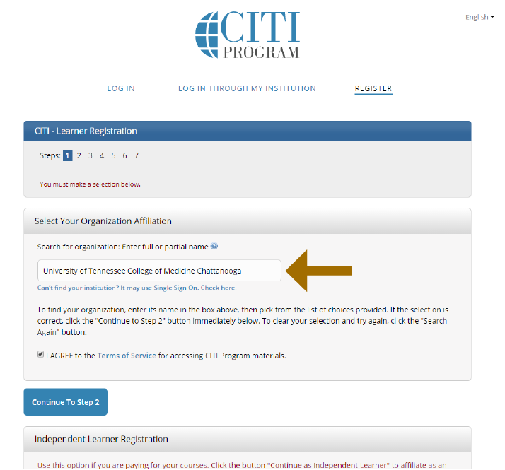 Screenshot of citiprogram.org web page that points to the name that should be listed in step 1 of the registration process.