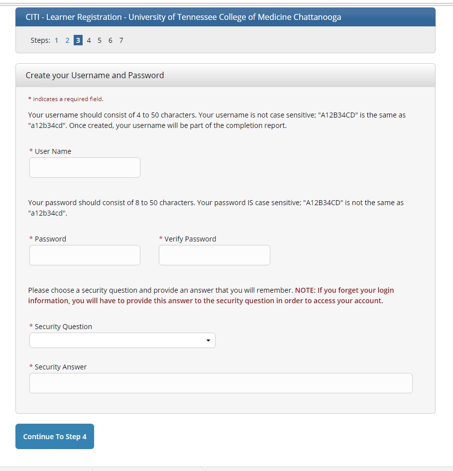 Screenshot of citiprogram.org with step 3 of the registration process. 