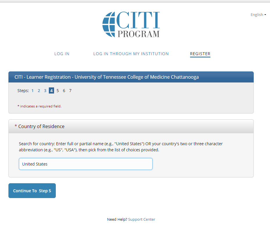 Screenshot of citiprogram.org that highlights step 4 of the registration process: country of residence.