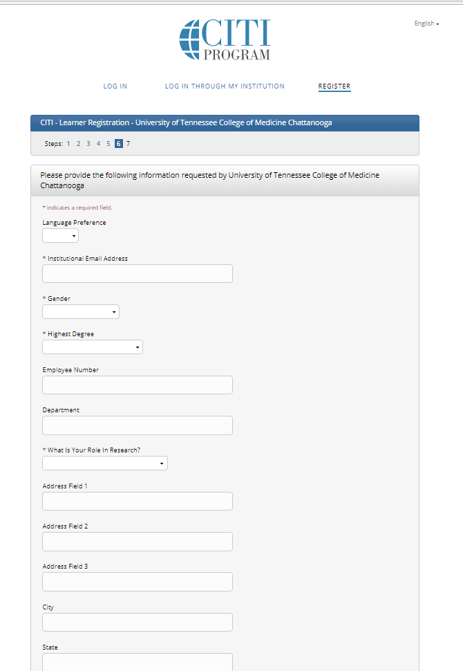 Screenshot of Citi Program web page. This section is about providing information that has been requested by UT College of Medicine Chattanooga.