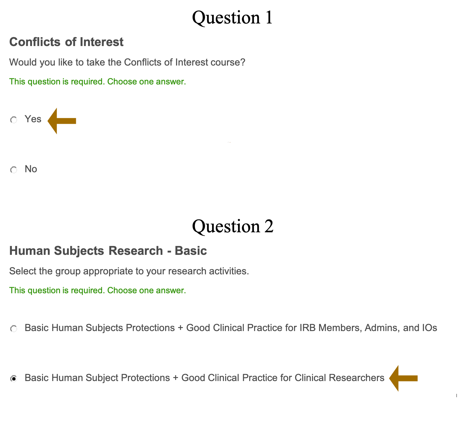 Screenshot of the Citi Program website with the preferred answers for Conflict of Interest and Human Subjects Research.