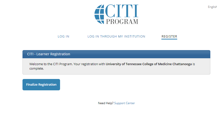 Screenshot of citiprogram.org showing a button to finalize your registration.