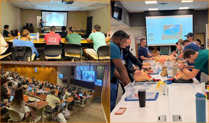 Residents performing procedures in a lab, learning in a classroom, and watching a presentation on stage.