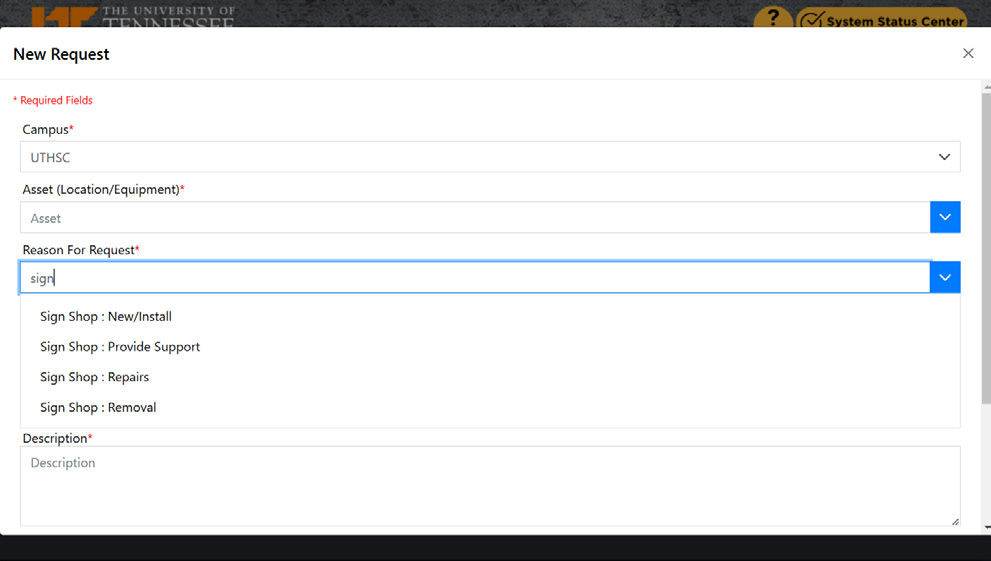 Screenshot of DASH screen of typing "sign" into "Reason for Request" field.