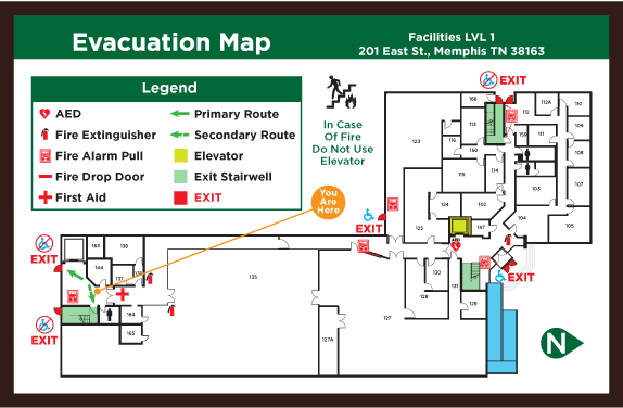 Example illustrator of an evacuation map that can be printed by the Sign Shop.