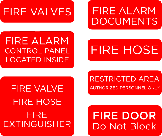 Example of seven misc fire signs that can be found around campus.