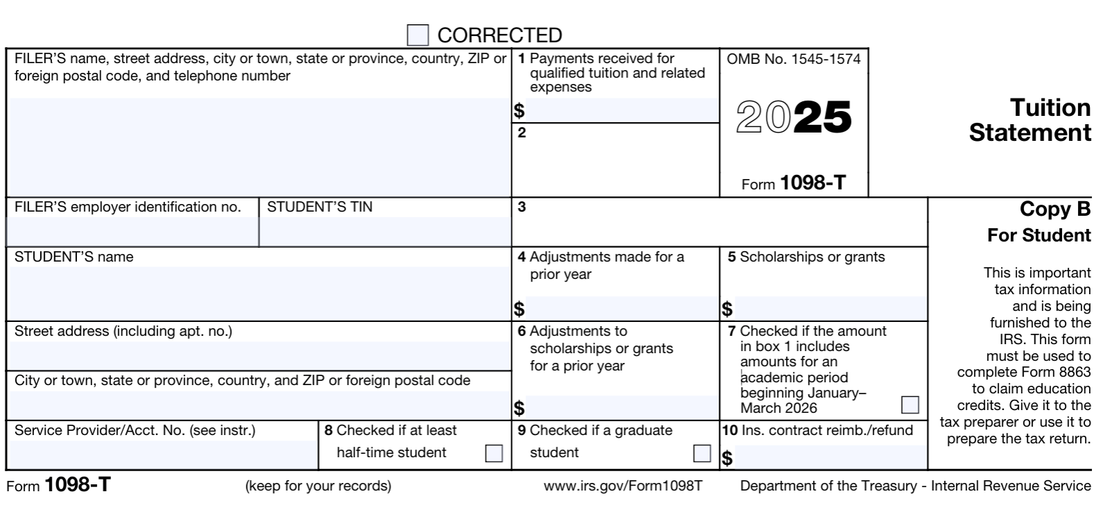 Example image of the 2025 1098-T IRS form.
