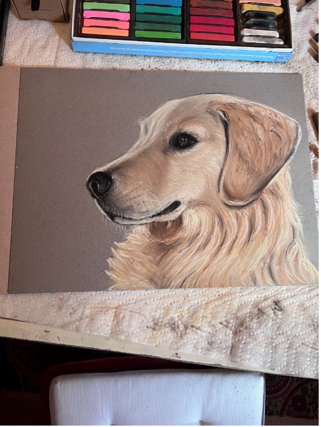 Artwork by Shannon Hughes of her light brown/yellow lab.