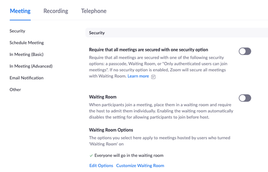 Screenshot of Zoom settings page with waiting room turned off