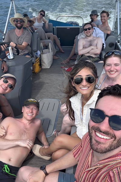 Residents on a boat on a lake