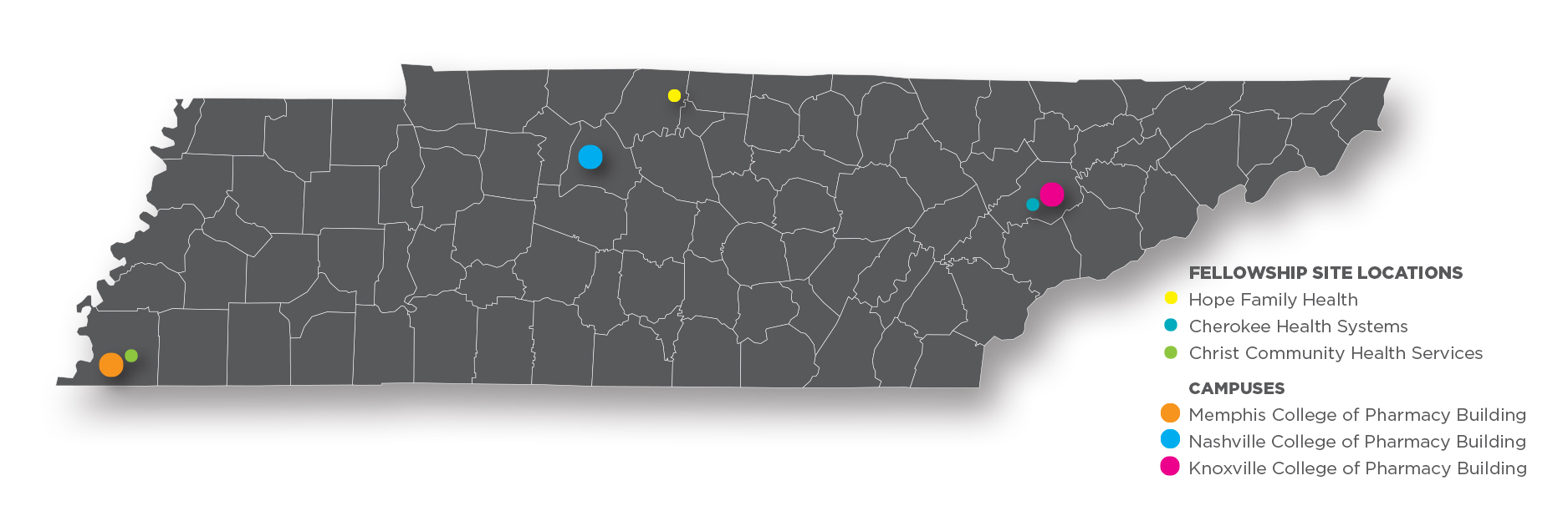 Fellowship site locations on Tennesse map.