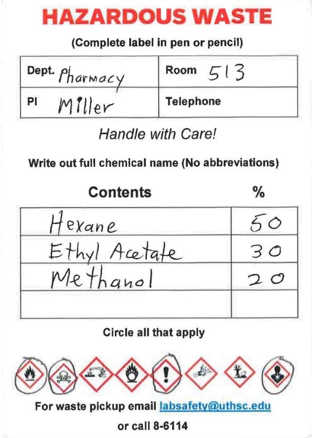 Hazardous Waste Label example that shows how the tag should be filled out.