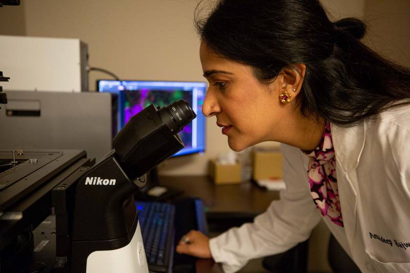 researcher with microscope